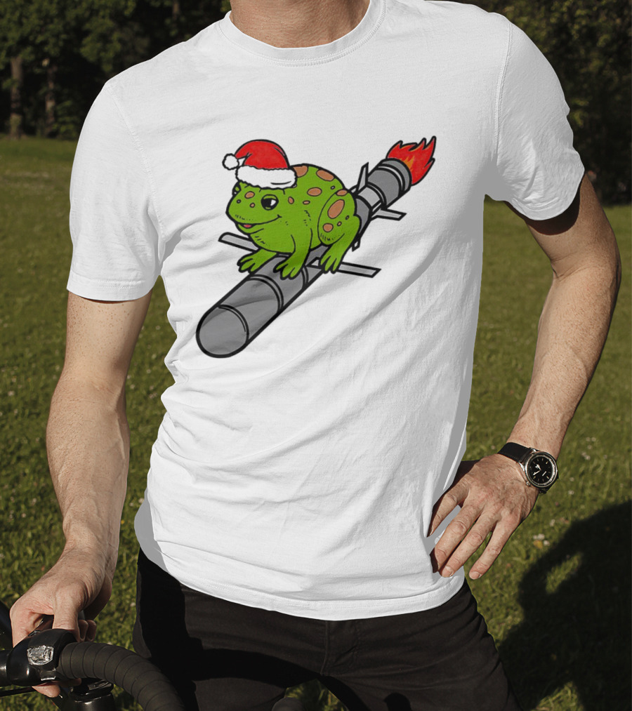 Missile Toad Christmas Frog With Santa Hat Riding A Rocket T-Shirt