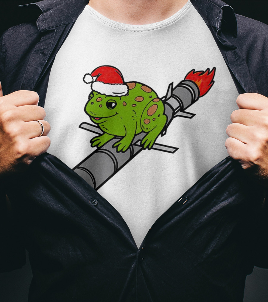 Missile Toad Christmas Frog With Santa Hat Riding A Rocket T-Shirt
