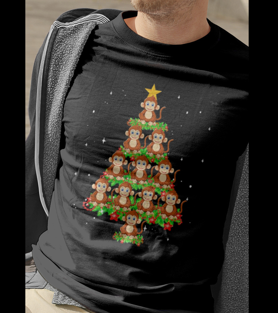 Monkey Christmas Tree Star Top Holiday Decor T-Shirt