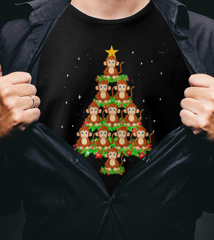 Monkey Christmas Tree Star Top Holiday Decor T-Shirt