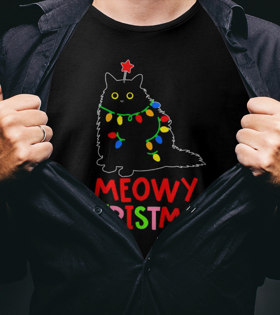 Meowy Christmas Black Cat With Lights T-Shirt