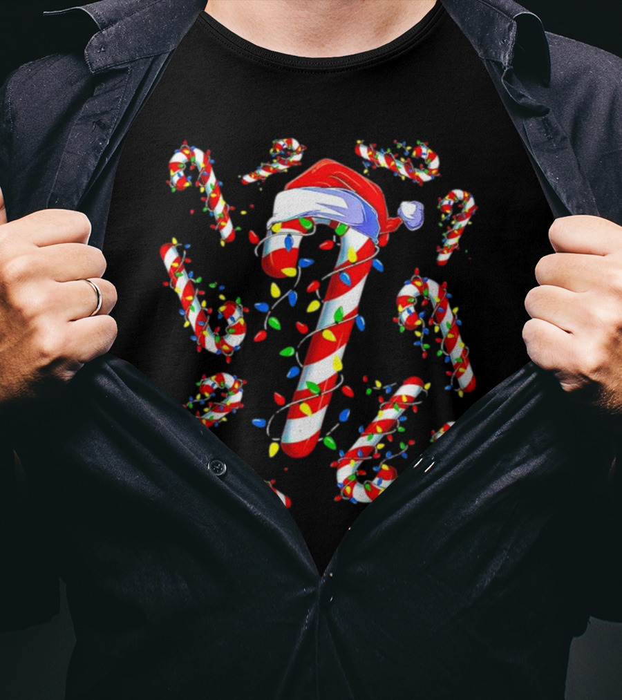 Candy Cane Santa Christmas Funny Xmas Lights Festive Decor T-Shirt