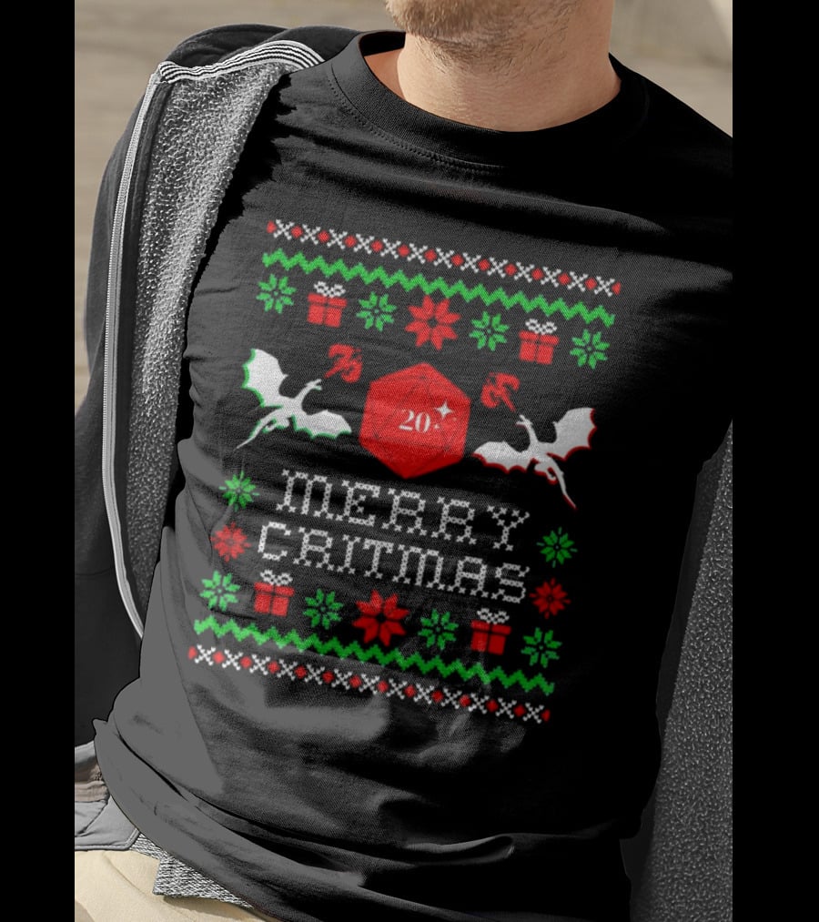 Merry Critmas Christmas Dragons With D20 Dice And Festive Decorations T-Shirt
