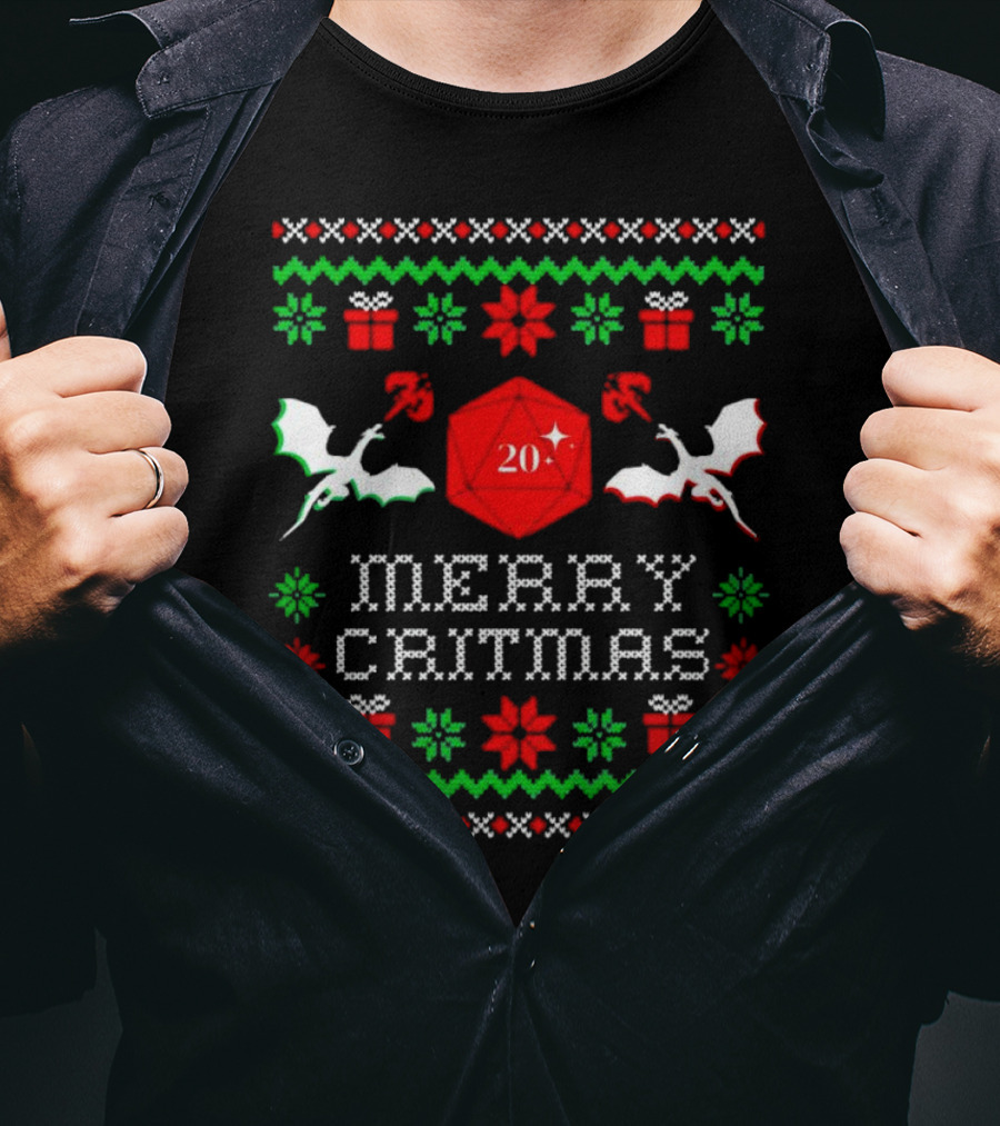Merry Critmas Christmas Dragons With D20 Dice And Festive Decorations T-Shirt