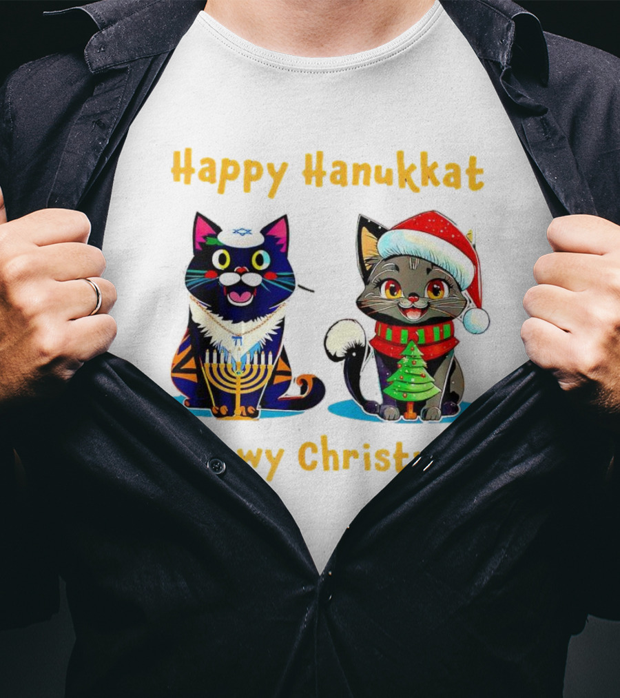 Happy Hanukkat Meowy Christmas Cats In Festive Holiday Attire T-Shirt
