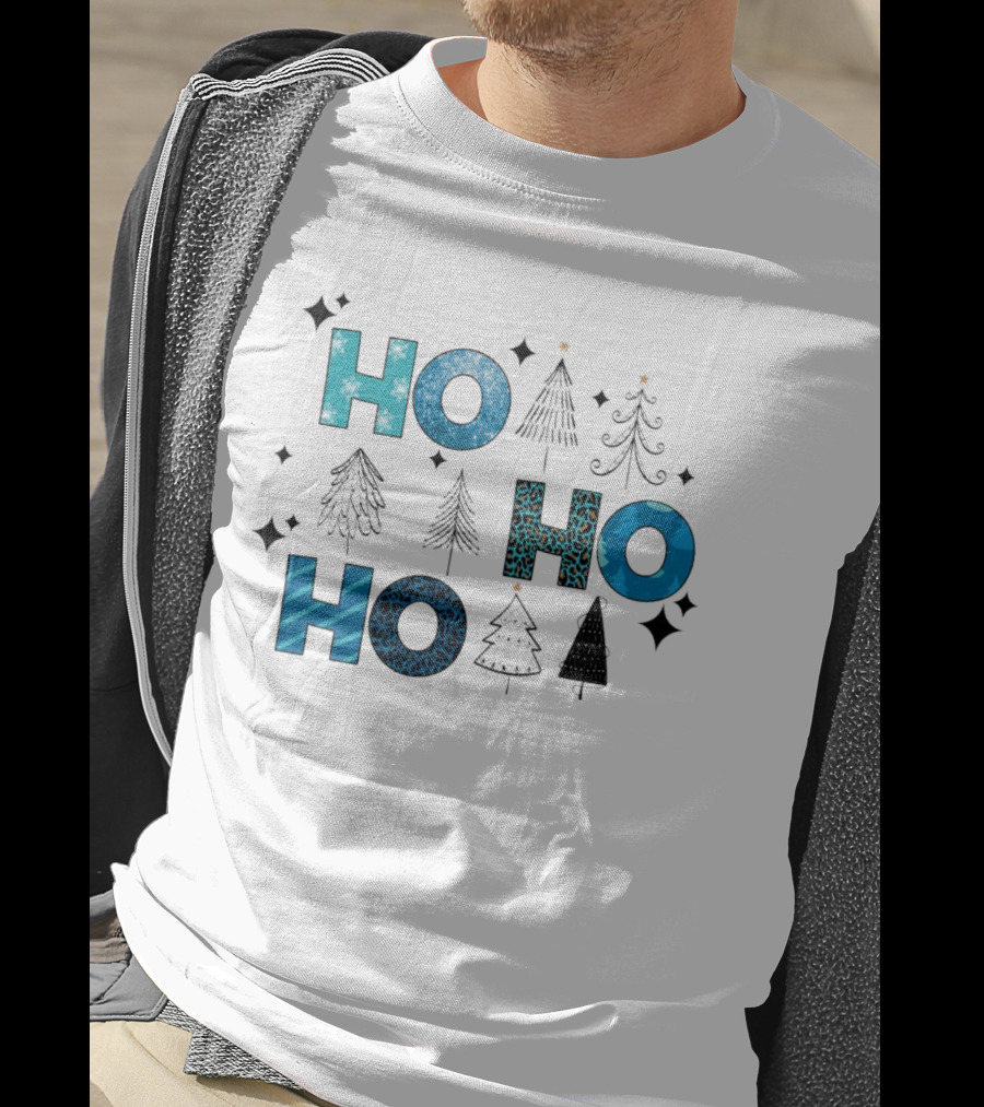 Hohoho Christmas Blue Patterns With Trees And Stars T-Shirt