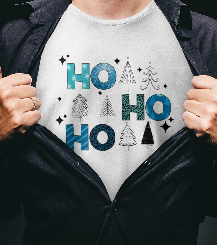 Hohoho Christmas Blue Patterns With Trees And Stars T-Shirt