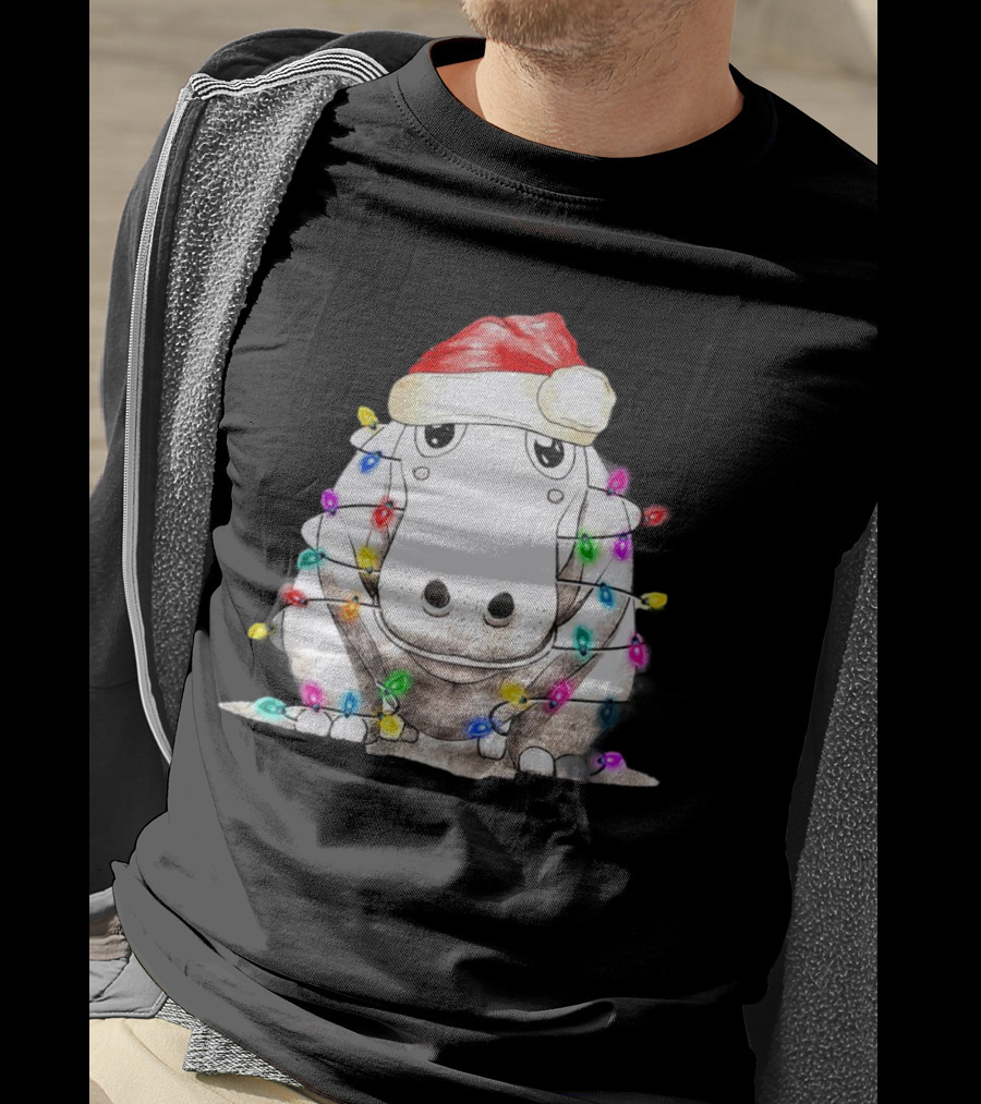 Santa Hippo Wrapped In Christmas Lights With Santa Hat T-Shirt
