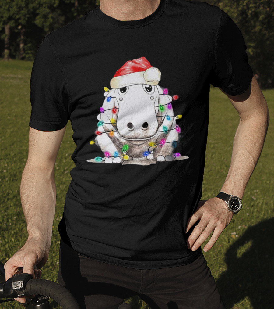 Santa Hippo Wrapped In Christmas Lights With Santa Hat T-Shirt