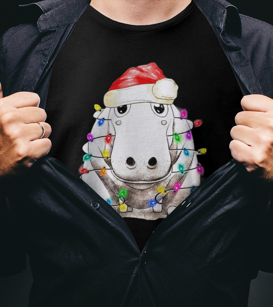 Santa Hippo Wrapped In Christmas Lights With Santa Hat T-Shirt