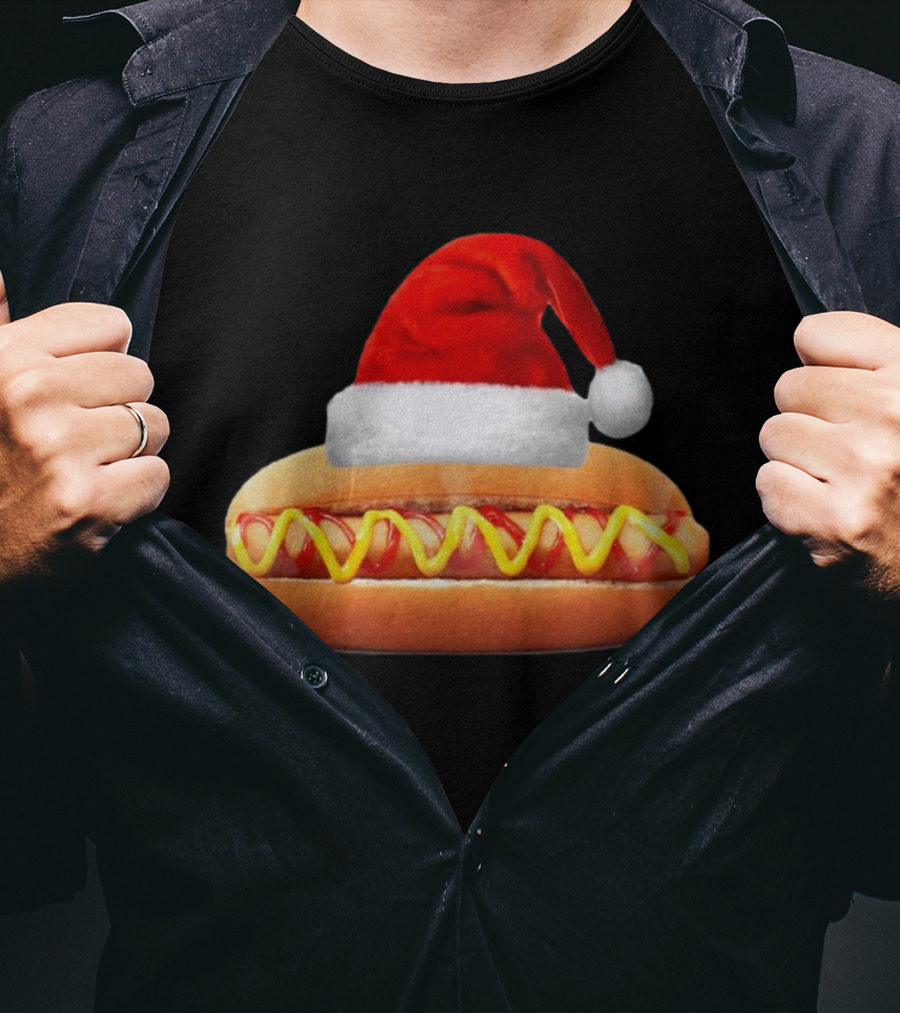 Santa Hat Hot Dog Christmas Family Dinner T-Shirt