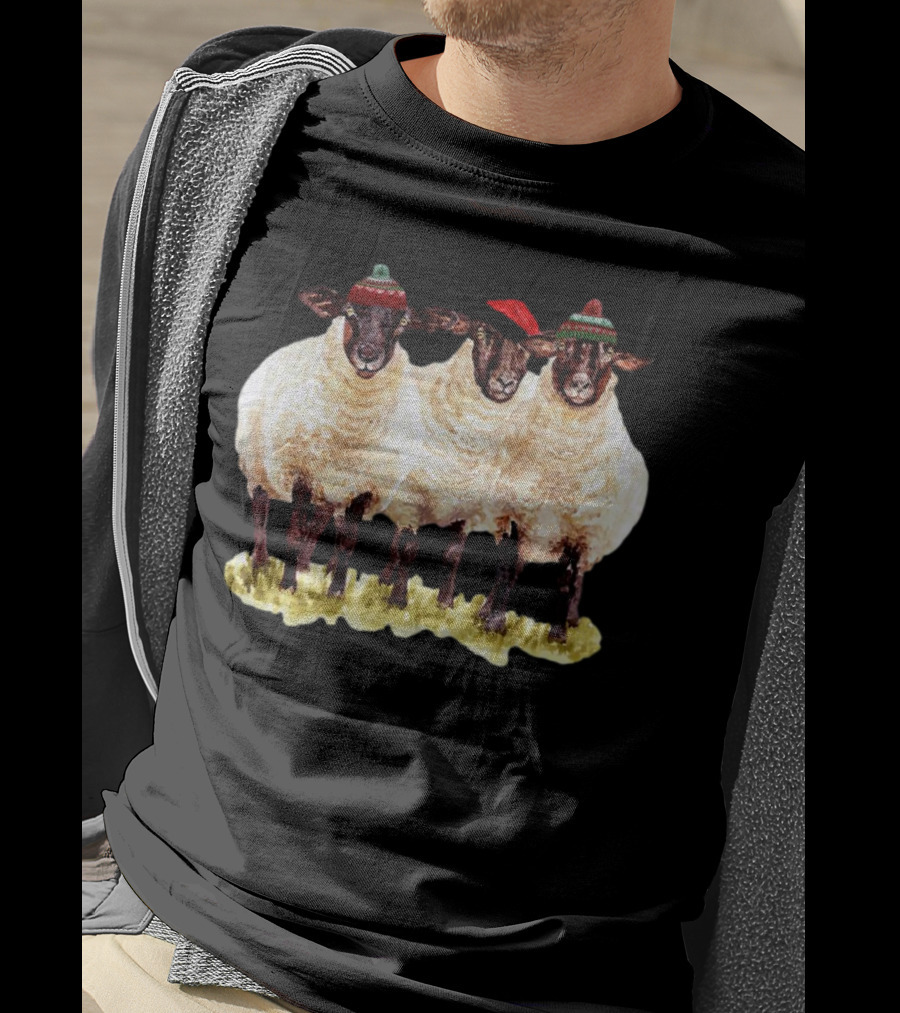 Merry Christmas Santa Sheep Trio With Festive Hats T-Shirt