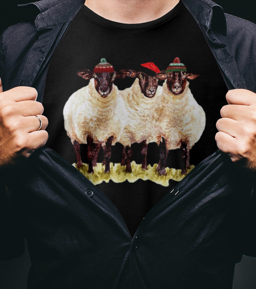 Merry Christmas Santa Sheep Trio With Festive Hats T-Shirt