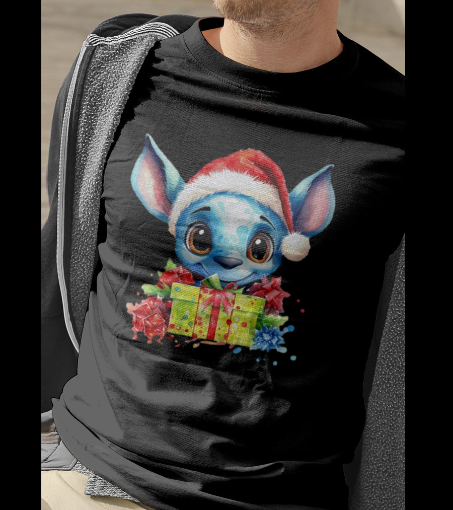 Santa Stitch Holiday Cheer With Christmas Present And Santa Hat T-Shirt
