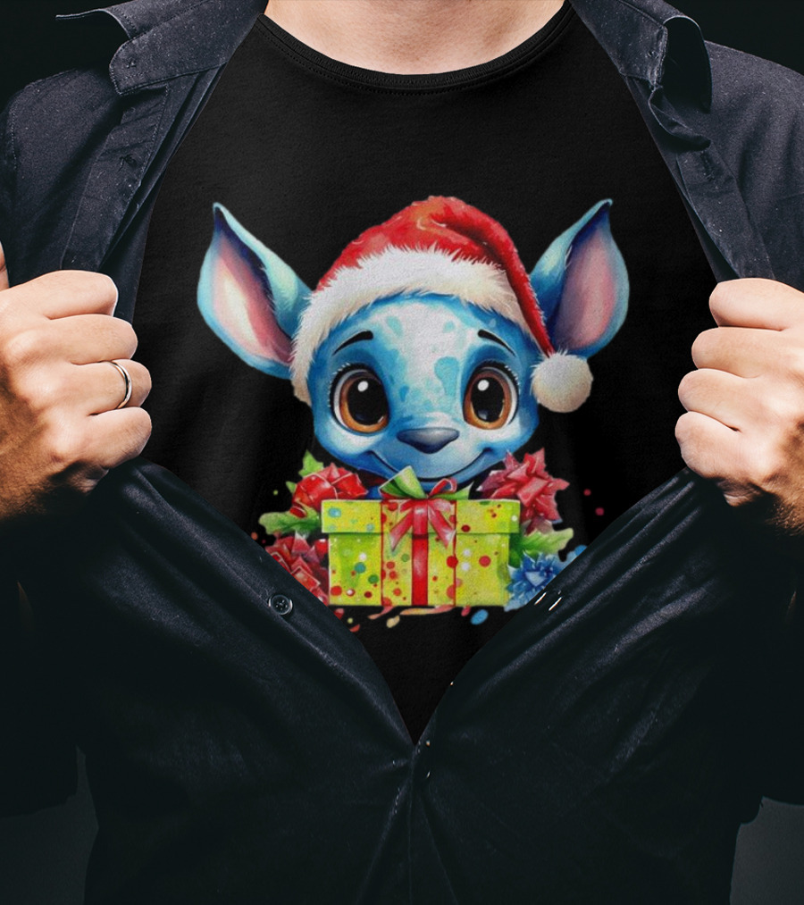 Santa Stitch Holiday Cheer With Christmas Present And Santa Hat T-Shirt