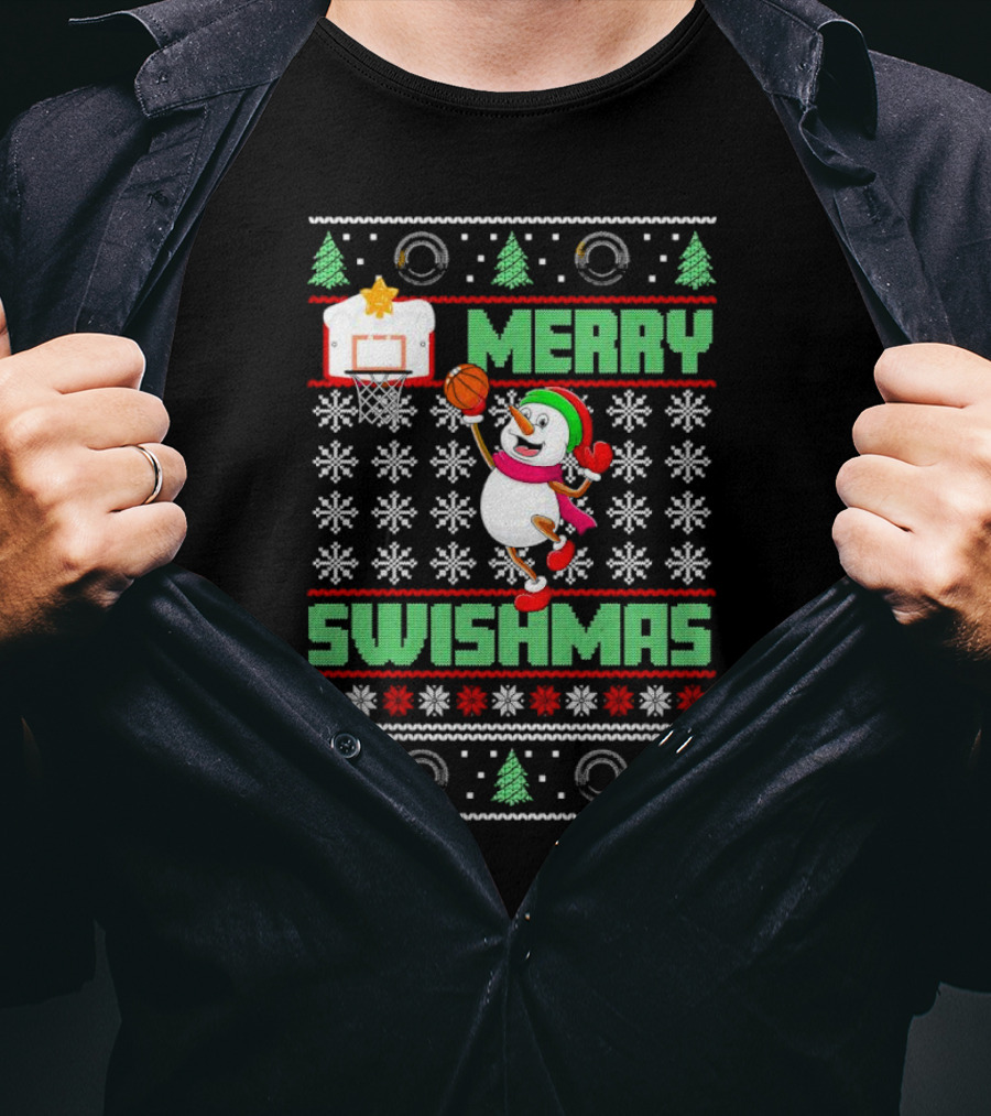 Merry Swishmas Snowman Playing Basketball Holiday T-Shirt