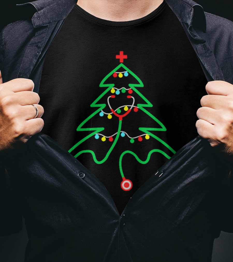 Stethoscope Shaped Christmas Tree With Holiday Lights T-Shirt