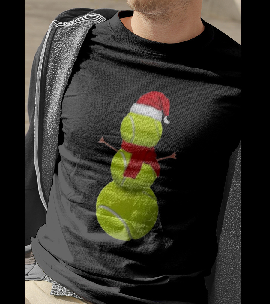 Tennis Ball Snowman With Santa Hat And Scarf Merry Christmas T-Shirt