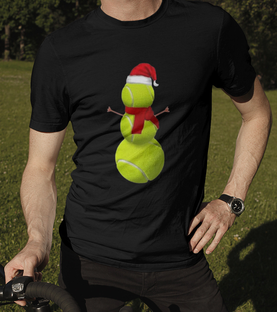 Tennis Ball Snowman With Santa Hat And Scarf Merry Christmas T-Shirt
