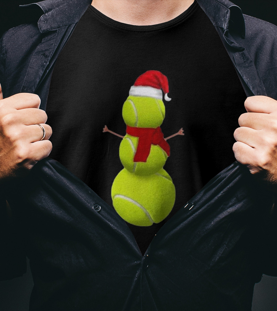 Tennis Ball Snowman With Santa Hat And Scarf Merry Christmas T-Shirt