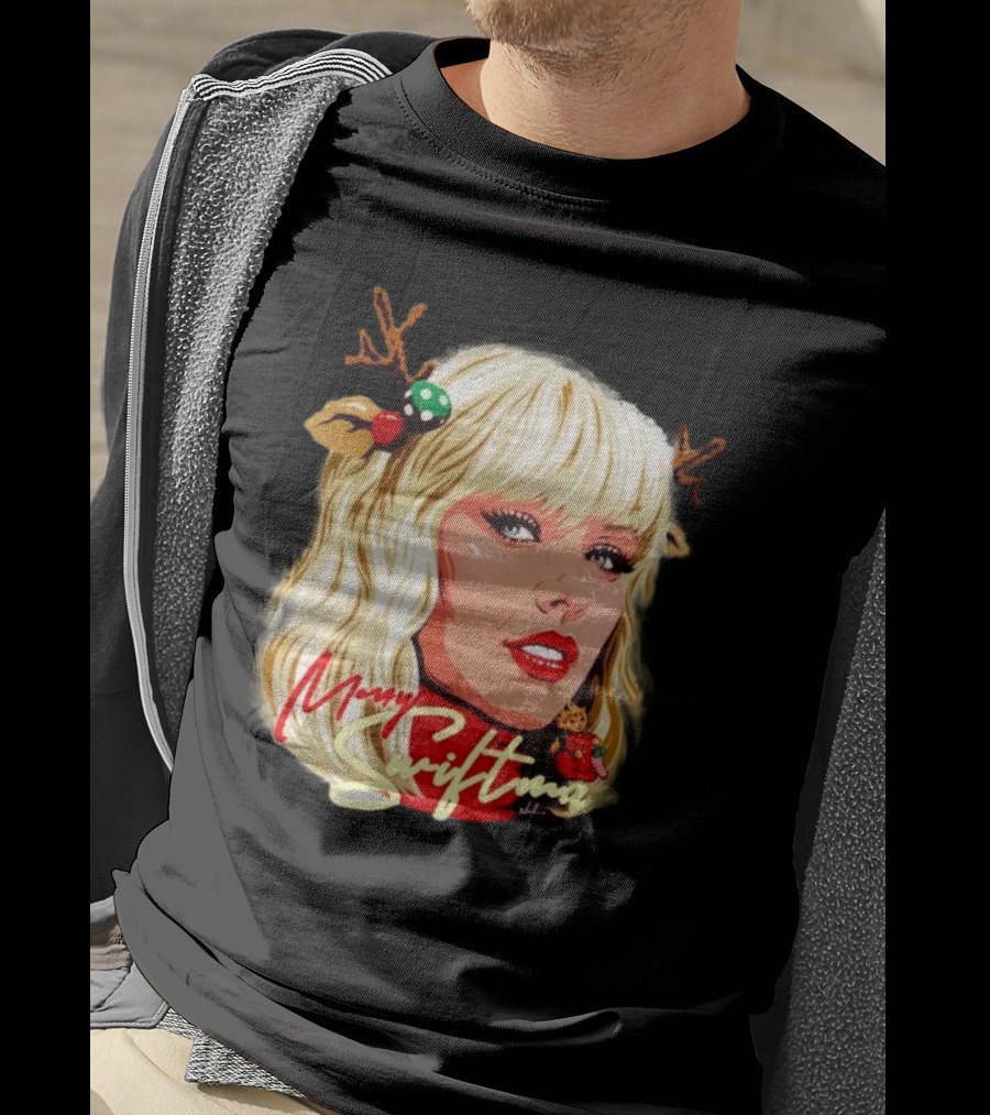 Merry Swiftmas Christmas Reindeer Antlers Bluscious Red Lips Holiday T-Shirt