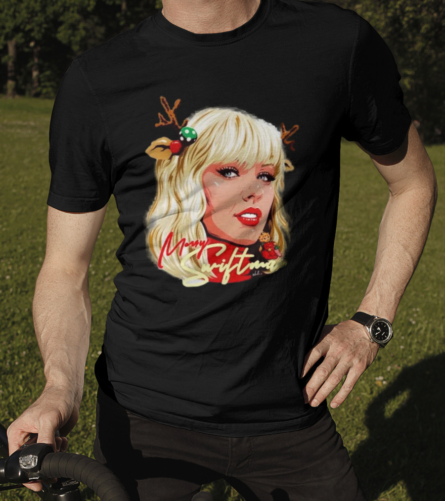 Merry Swiftmas Christmas Reindeer Antlers Bluscious Red Lips Holiday T-Shirt