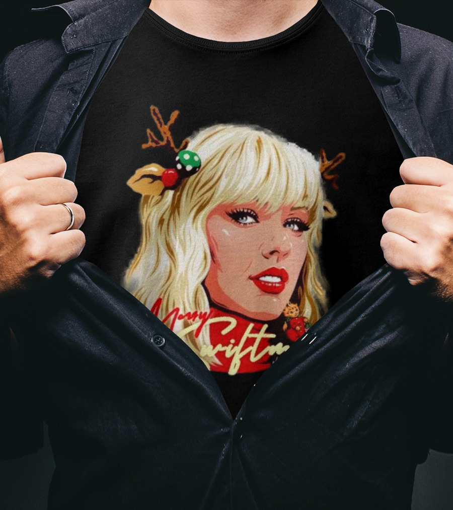 Merry Swiftmas Christmas Reindeer Antlers Bluscious Red Lips Holiday T-Shirt