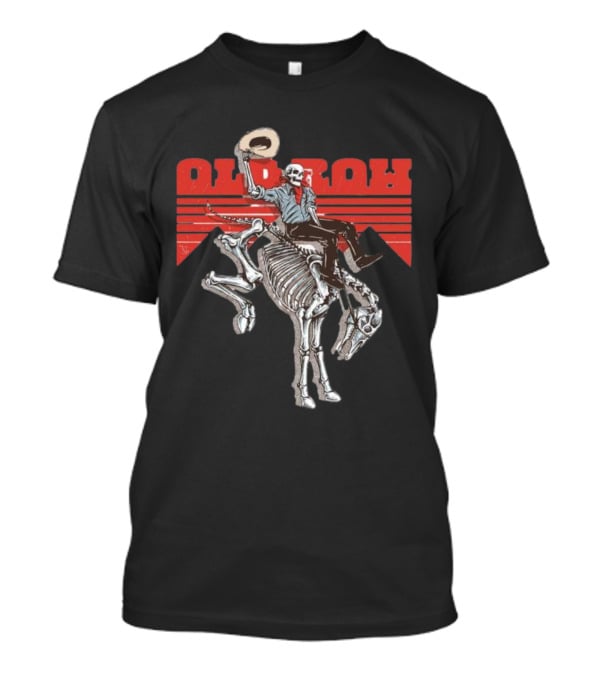 Old Row Skeleton Cowboy Riding A Skeleton Horse With Red Background Stripes T-Shirt