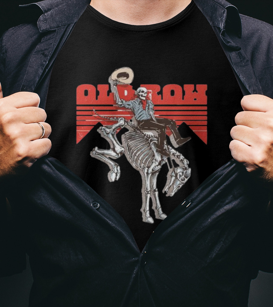 Old Row Skeleton Cowboy Riding A Skeleton Horse With Red Background Stripes T-Shirt