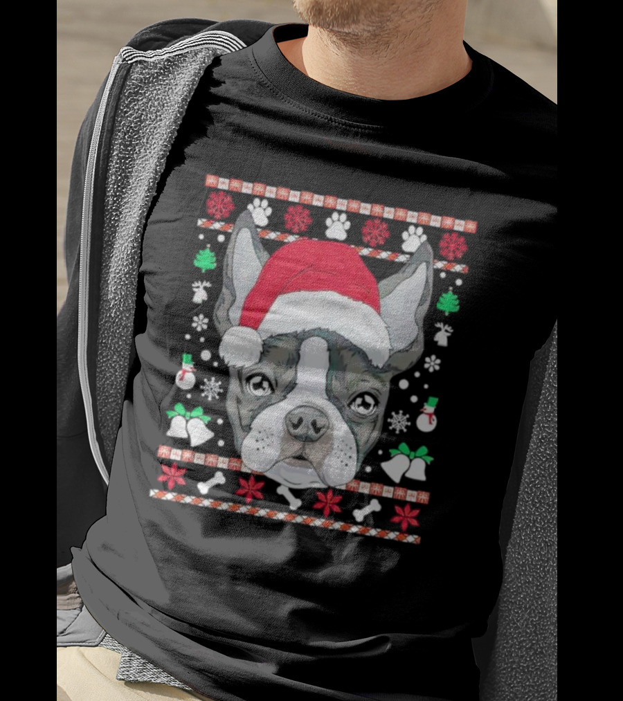 Santa Boston Terrier Ugly Christmas Sweater Paws Bells Snowflakes T-Shirt