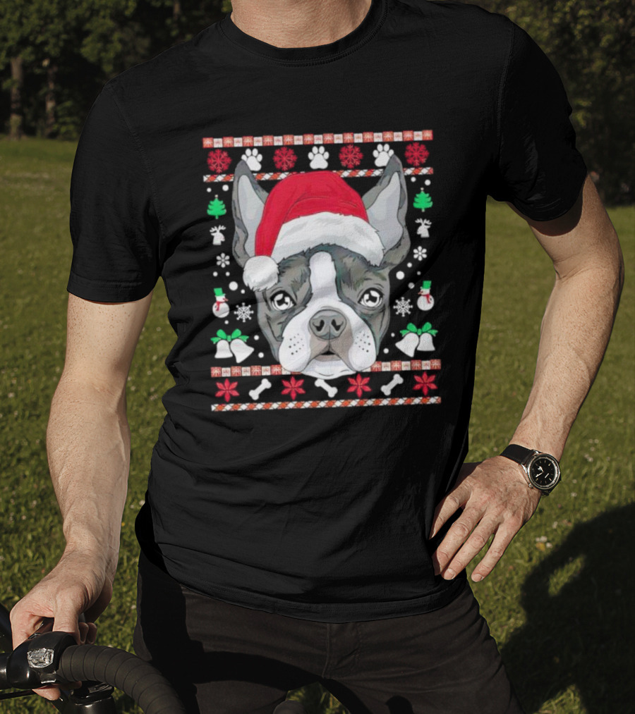 Santa Boston Terrier Ugly Christmas Sweater Paws Bells Snowflakes T-Shirt