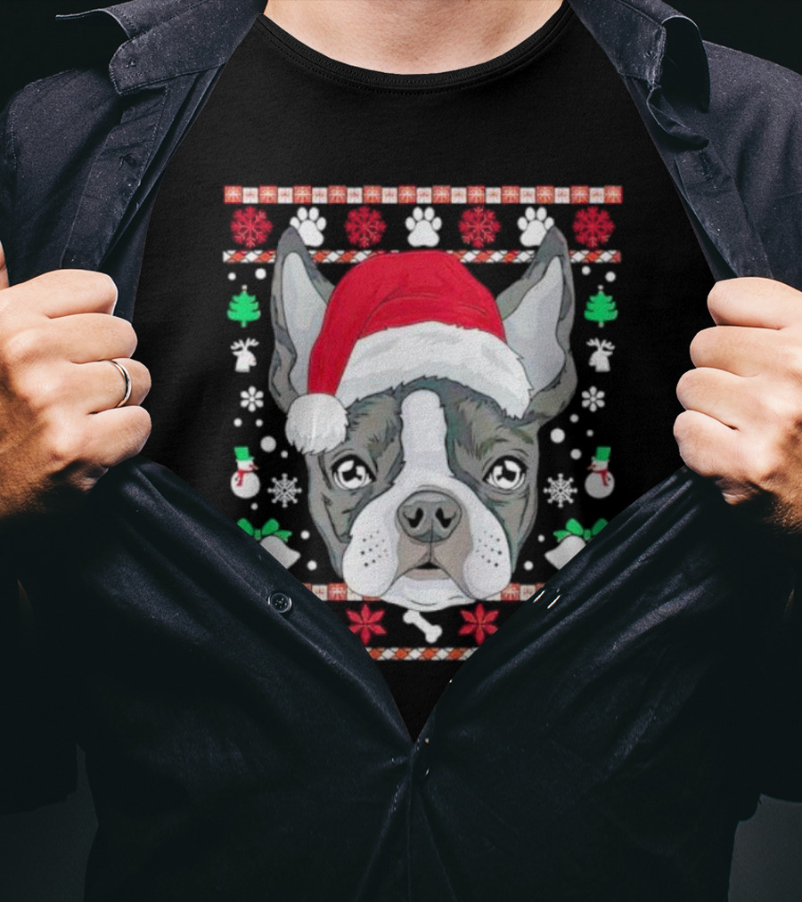 Santa Boston Terrier Ugly Christmas Sweater Paws Bells Snowflakes T-Shirt