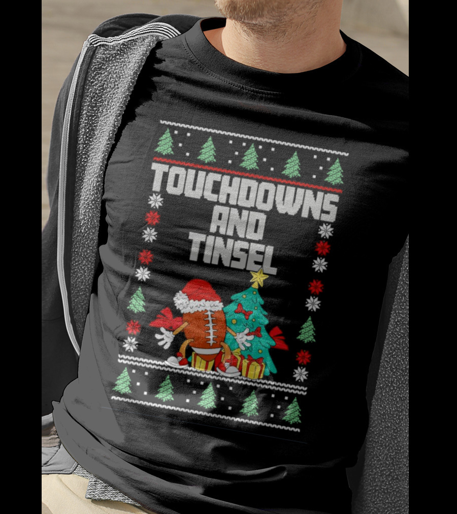 Touchdowns And Tinsel Christmas Football Santa With Tree And Gifts T-Shirt