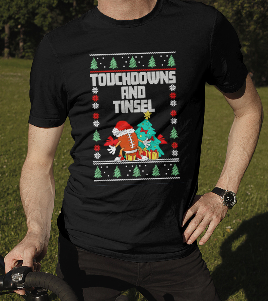 Touchdowns And Tinsel Christmas Football Santa With Tree And Gifts T-Shirt