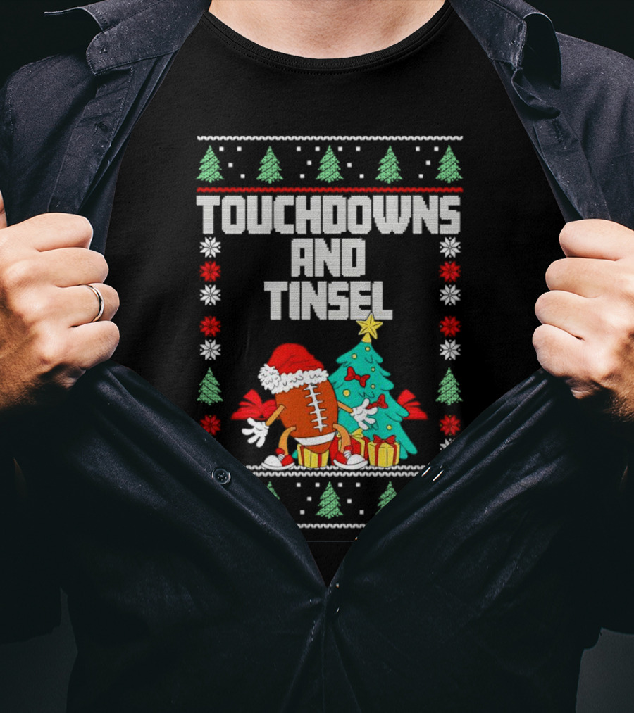 Touchdowns And Tinsel Christmas Football Santa With Tree And Gifts T-Shirt