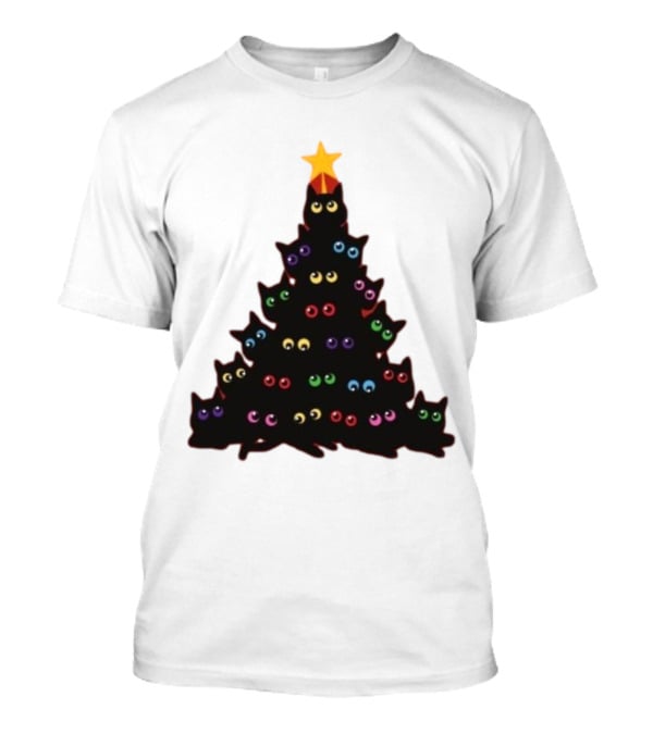 Cat Christmas Tree With Colorful Eyes And Star Top T-Shirt