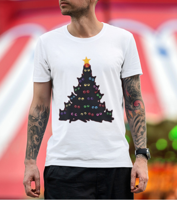 Premium T-Shirt: Cat Christmas Tree with Colorful Eyes and Star Top T-Shirt Cat Christmas Tree with Colorful Eyes and Star Top T-Shirt