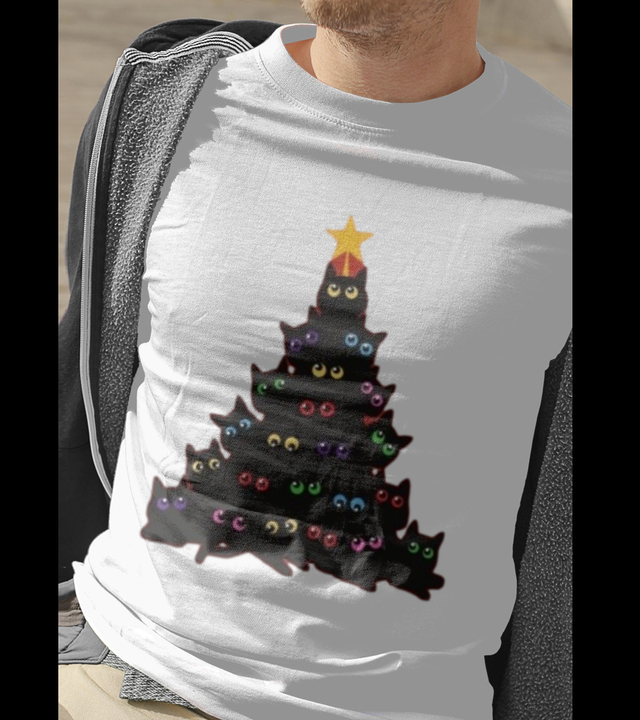 Cat Christmas Tree With Colorful Eyes And Star Top T-Shirt