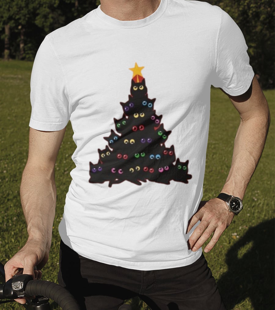 Cat Christmas Tree With Colorful Eyes And Star Top T-Shirt