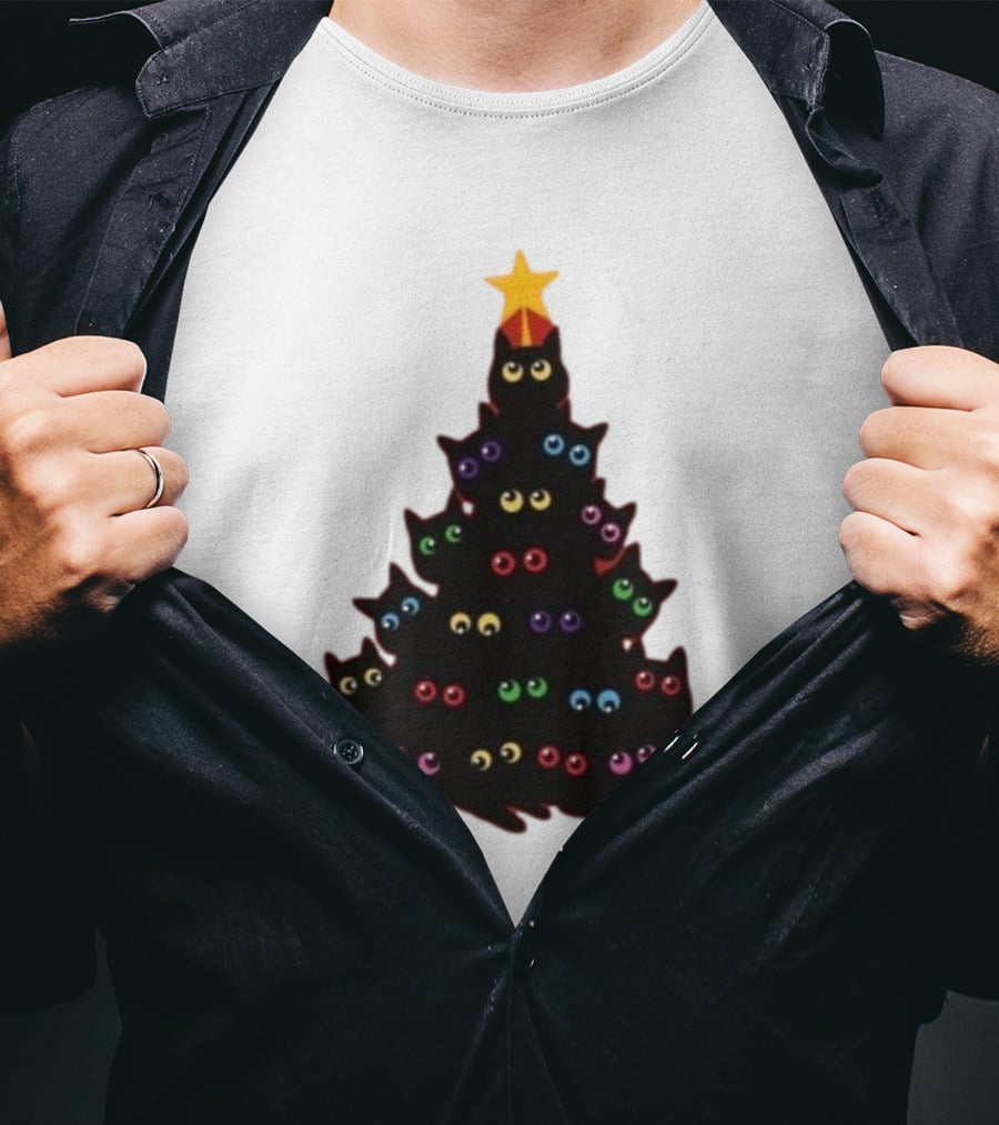 Cat Christmas Tree With Colorful Eyes And Star Top T-Shirt