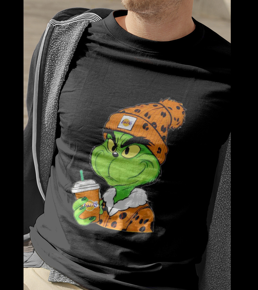 Grinch Drinking Los Angeles Lakers Cup Wearing Beanie T-Shirt