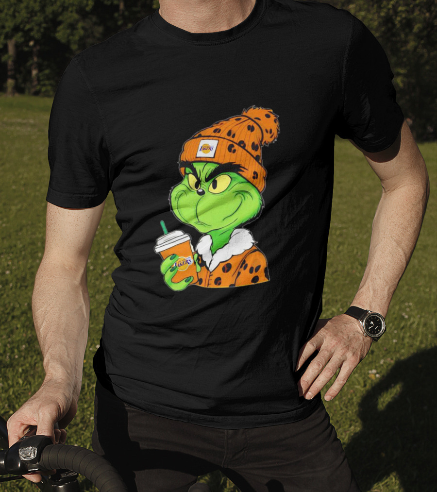 Grinch Drinking Los Angeles Lakers Cup Wearing Beanie T-Shirt