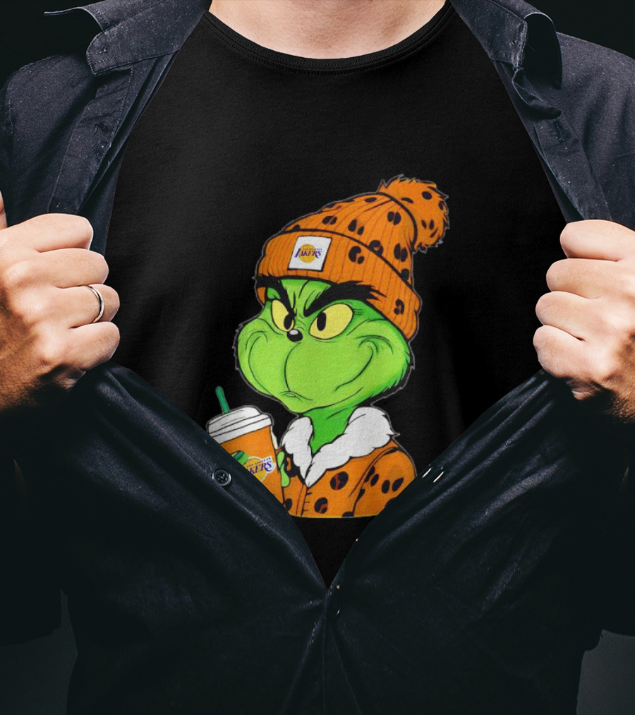 Grinch Drinking Los Angeles Lakers Cup Wearing Beanie T-Shirt