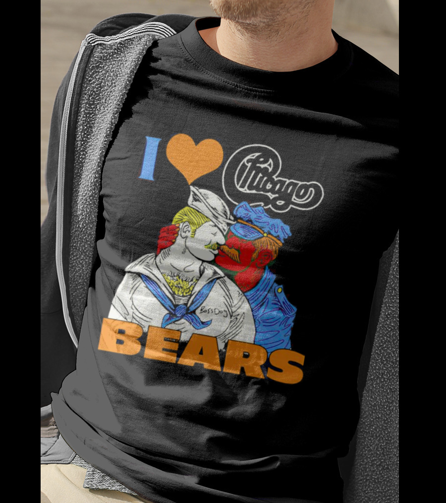 I Love Chicago Bears BossDog Sailor And Cop Embrace T-Shirt