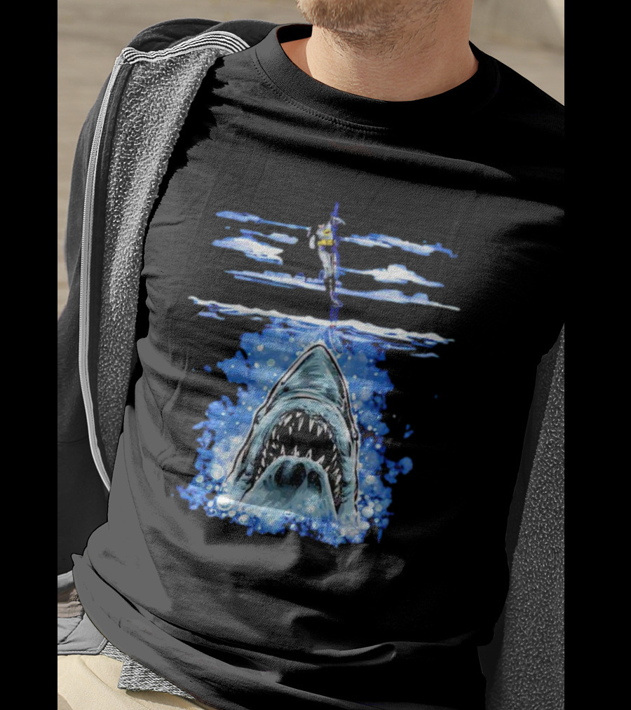 Jaws Batman Shark Repellent Hanging Above Menacing Shark T-Shirt