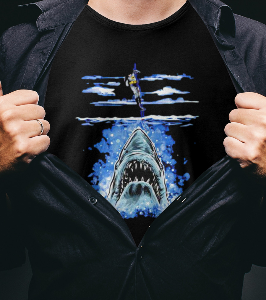 Jaws Batman Shark Repellent Hanging Above Menacing Shark T-Shirt