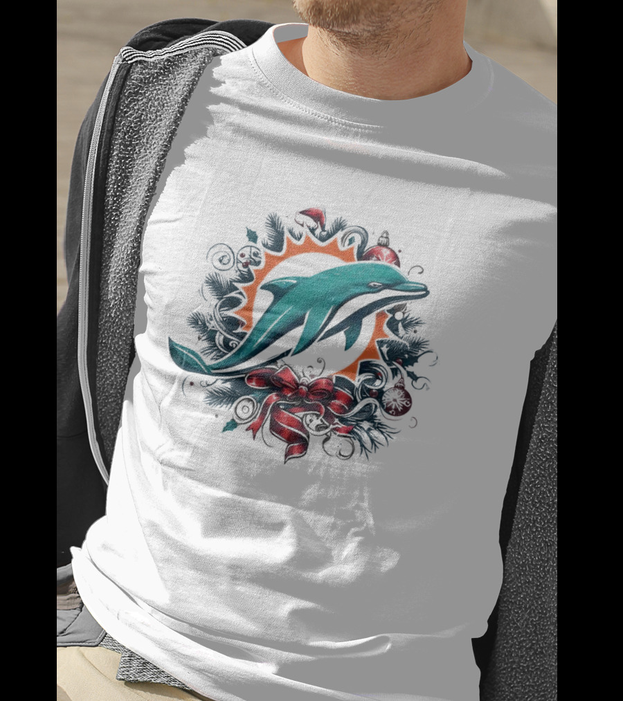 Miami Dolphins Holiday Wreath Christmas Ornament Bow T-Shirt