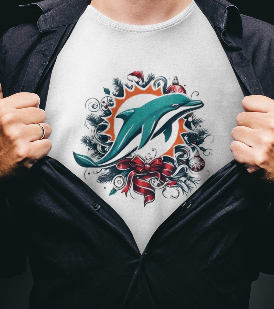 Miami Dolphins Holiday Wreath Christmas Ornament Bow T-Shirt
