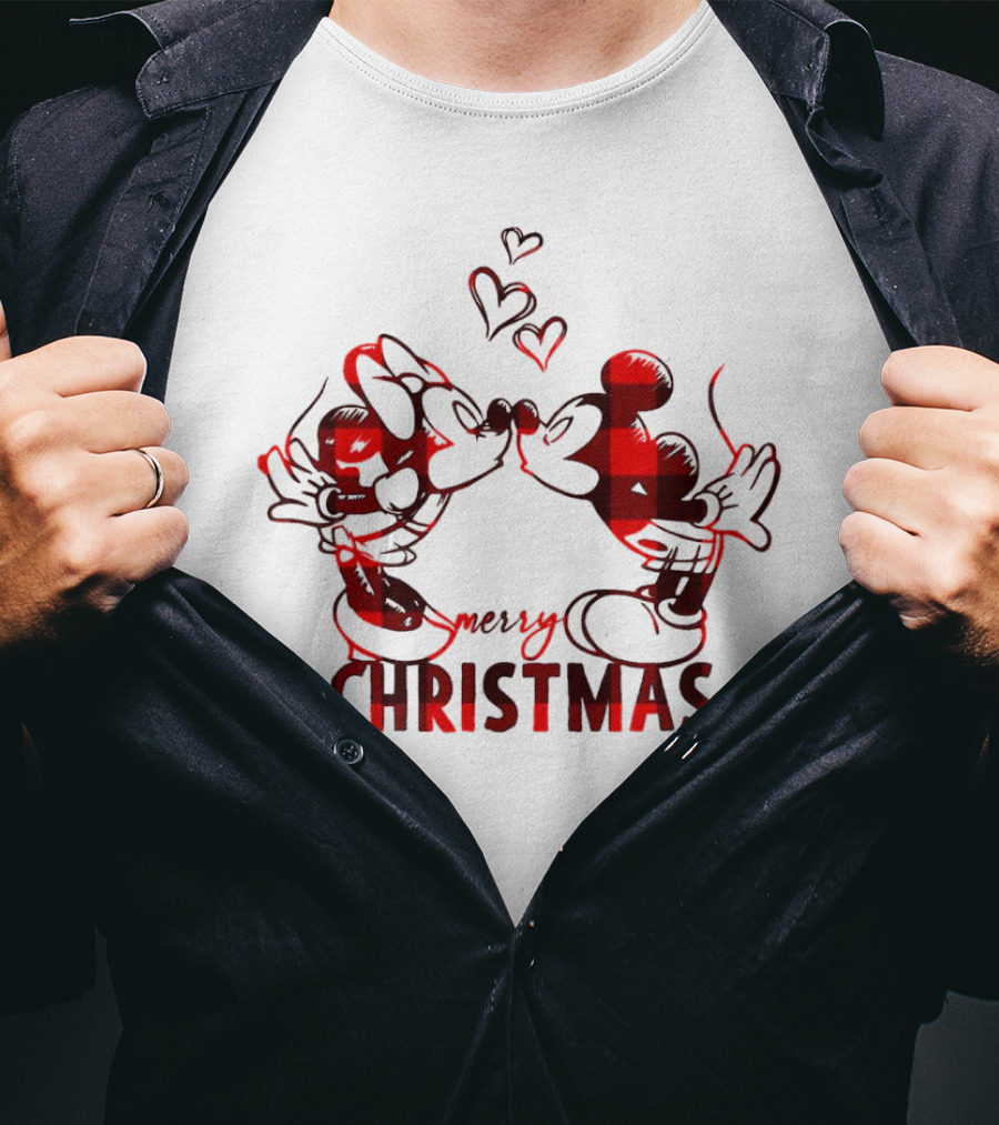 Mickey Minnie Kissing Merry Christmas Hearts Red Plaid T-Shirt