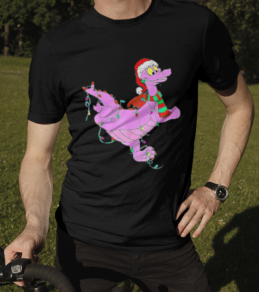 Dragon Figment In Santa Hat Wrapped In Christmas Lights T-Shirt